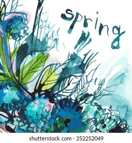 ultramarine bouquet with with lettering spring/ watercolor painting/ vector illustration