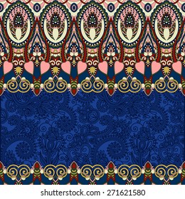 ultramarine ornamental floral folkloric background for invitation, cover design, fabric pattern or page decoration, ethnic border on vintage flower background, vector illustration