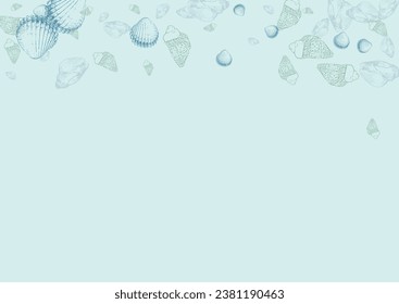 Ultramarine Scallop Background Gray Vector. Clam Maritime Graphic. Sketch Design. Navy Shellfish Doodle Texture.