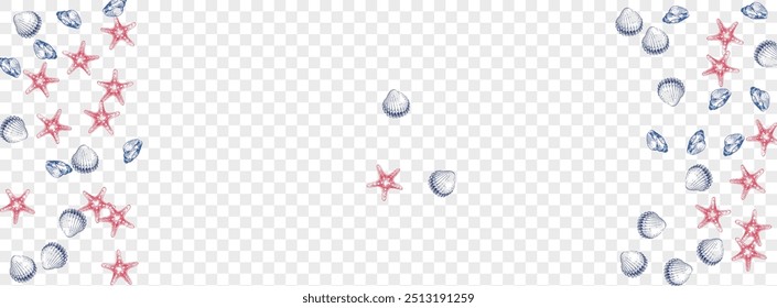 Ultramarine Seashell Background Transparent Vector. Shell Aquatic Illustration. Isolated Design. Orange Starfish Doodle Pattern. Gray Clam.