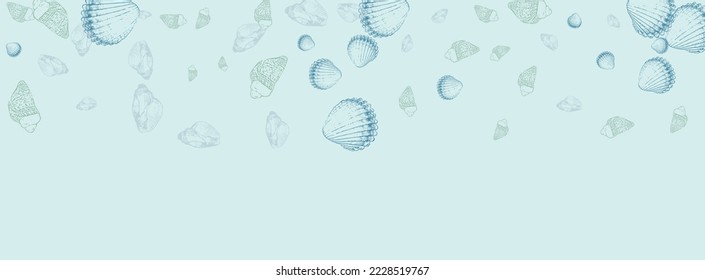 Ultramarine Snail Background Gray Vector. Scallop Maritime Graphic. Watercolor Illustration. Blue Shellfish Cartoon Pattern.