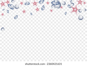 Ultramarine Snail Background Transparent Vector. Starfish Nautical Wallpaper. Decoration Textile Card. Blue Clam Exotic Illustration. Red Shell.