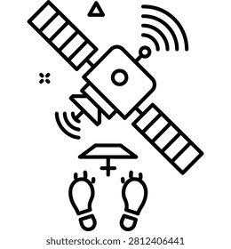 Ultra-minimal black outline vector icon of a satellite alerting about wildlife poaching with a symbol underneath, on white background, for anti-poaching protection and conservation.