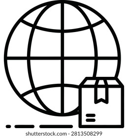 Ultra-minimal outline vector icon of a globe with parcel delivery hook, symbolizing global shipping and logistics