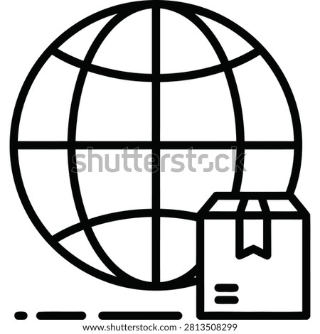 Ultra-minimal outline vector icon of a globe with parcel delivery hook, symbolizing global shipping and logistics