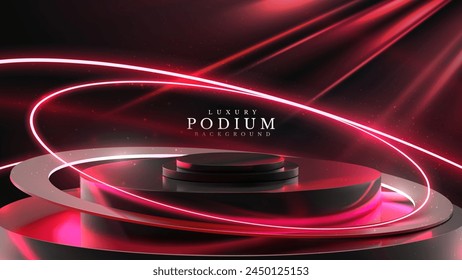 An ultra-modern podium bathed in a red neon glow, featuring swirling light trails, ideal for showcasing cutting-edge products or futuristic concepts.