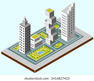 Ultra-modern urban landscape design in isometric High-rise buildings with green recreation areas andswimming pool with an extensive network of roads and walking areas Vector