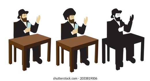 An ultra-Orthodox Jew, observant. Says the blessing of food. Holding a prayer sheet in his hand. Sitting at a table. Wearing a hat and suit and streimel the head.
Colorful vector And black silhouette