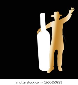 An ultra-Orthodox Jewish man in gold color dancing with a bottle of wine. Painted white. On a black background.
Vector drawing for Purim for Passover and any joy