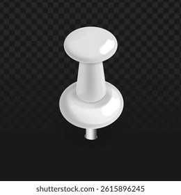 Ultra-realistic 3D white push pin vector with metallic sheen on dark checkered background. Perfect for office stationery collections, bulletin board mockups, and workspace branding projects. 