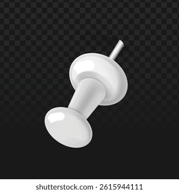 Ultra-realistic 3D white push pin vector with metallic shaft on dark checkered background. Perfect for office stationery sets, bulletin board mockups, and workspace branding.