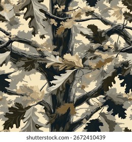 Ultra-realistic oak leaf seamless pattern with muted tones and gradient background, perfect for fabrics and decor.