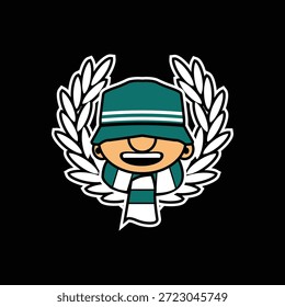 Ultras Hooligans inspirierte Eimer Hut Logo mit einer starken Straße Unterstützer Stimmung. Perfekt für Fankulturdesigns, Aufkleber, Bekleidung, Merchandise und digitales Branding. Sauberer Vektorstil und bereit für die kommerzielle Nutzung.