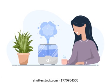 Ultrasonic Air Humidifier With House Plants. Woman Enjoys The Fresh Moist Air At Home. Home Appliances For A Healthy Lifestyle. Modern Vector Illustration In Flat Cartoon Style.