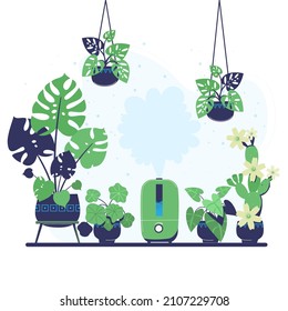 Ultrasonic air humidifier with plants.  Climate technology in the interior.  Greenhouse, apartment, office, winter garden.  Plants and humidity level.  Vector illustration in a flat style.