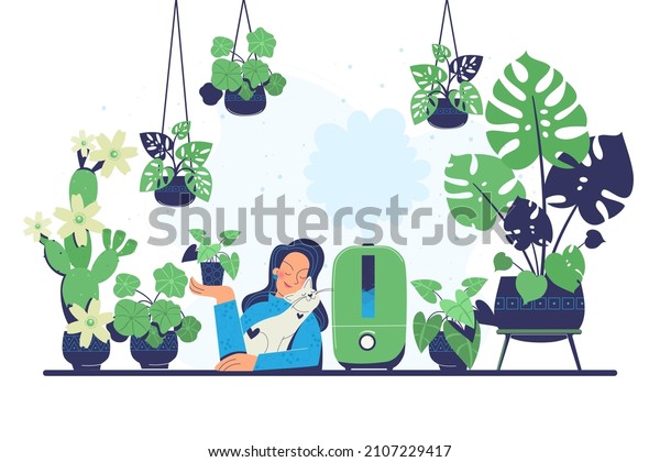 Ultrasonic air humidifier with plants.  Man and\
household appliances.  Climate technology in the interior.  A woman\
cuddles with a cat and enjoys humidified air.  Vector illustration\
in a flat style.