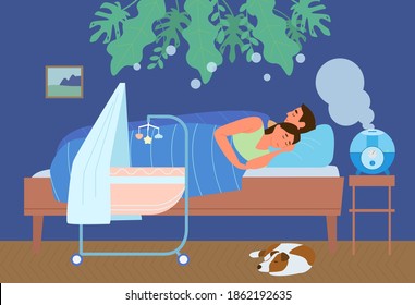 Ultrasonic Air Humidifier Working In Bedroom With Family Sleeping . Couple In Bed Near Cradle, Dog Sleeping. Vector Illustration.