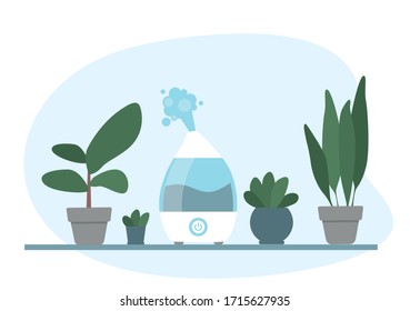 Ultrasonic humidifier surrounded with home plants. Microclimate control. Flat vector illustration.