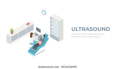 Ultrasonografía diagnóstico médico masculino órganos internos chequear el concepto web de isometría 3d isométrica isométrica plana. Diag ultrasonido ultrasónico estadounidense en el interior de la habitación del doctor. Colección de personas creativas.