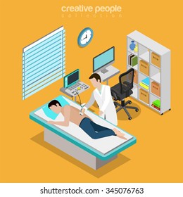 Ultrasonography male medical diagnostics internal organs checkup flat 3d isometry isometric healthcare web concept. Doctor room interior US ultrasonic ultrasound diag. Creative people collection.