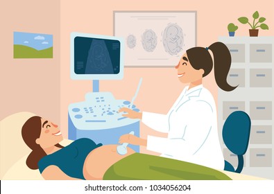 Ultrasonography of pregnant woman in hospital. Gynecologist doctor examine female patient with ultrasonic equipment in clinic. Image of child embryo on monitor. Pregnancy consultation. Vector flat