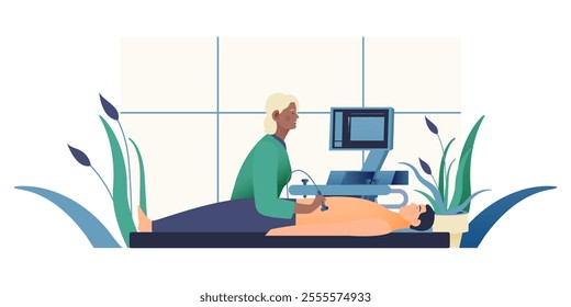 Ultrasonography Procedure. Doctor Examing Male Patient with Scanner in Medical Office or Laboratory. Modern Flat Vector Concept Illustration.  Landing Page Design Template. Website Banner.