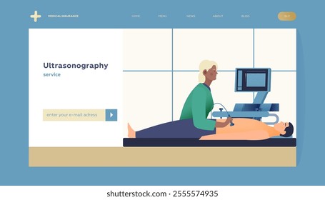 Ultrasonography Procedure. Doctor Examing Male Patient with Scanner in Medical Office or Laboratory. Modern Flat Vector Concept Illustration.  Landing Page Design Template. Website Banner.