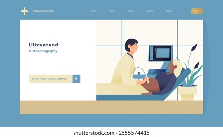 Ultrasonography Procedure. Doctor Examing Patient Pregnant Woman with Scanner in Medical Office or Laboratory. Modern Flat Vector Concept Illustration. Landing Page Design Template. Website Banner.