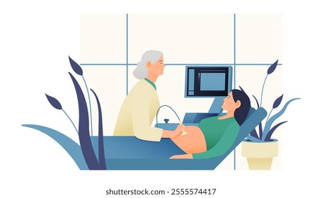 Ultrasonography Procedure. Doctor Examing Patient Pregnant Woman with Scanner in Medical Office or Laboratory. Modern Flat Vector Concept Illustration. Landing Page Design Template. Website Banner.