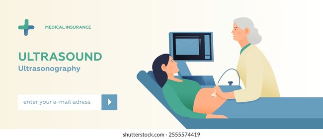 Ultrasonography Procedure. Doctor Examing Patient Pregnant Woman with Scanner in Medical Office or Laboratory. Modern Flat Vector Concept Illustration. Landing Page Design Template. Website Banner.