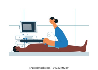 Ultrasonography Procedure. Female Medical Specialist Examining Male Patient with Scanner in Medical Office or Laboratory. Modern Flat Vector Concept Illustration. Landing Page Design Template. 