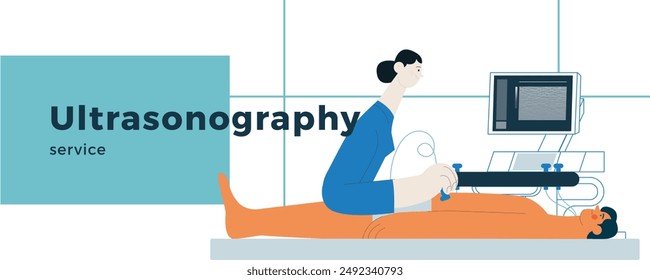 Ultrasonography Procedure. Female Medical Specialist Examining Male Patient with Scanner in Medical Office or Laboratory. Modern Flat Vector Concept Illustration. Landing Page Design Template. 