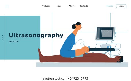 Ultrasonography Procedure. Female Medical Specialist Examining Male Patient with Scanner in Medical Office or Laboratory. Modern Flat Vector Concept Illustration. Landing Page Design Template. 