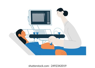 Ultrasonography Procedure. Female Medical Specialist Examining Pregnant Female Patient with Scanner in Medical Office or Laboratory. Modern Flat Vector Concept Illustration. Landing Page Template.