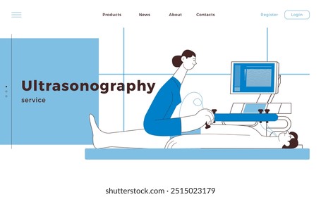 Ultrasonography Procedure. Female Medical Specialist Examining Male Patient with Scanner in Medical Office or Laboratory. Black and White Modern Flat Vector Concept Illustration. Website Banner. 