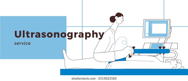 Ultrasonography Procedure. Female Medical Specialist Examining Male Patient with Scanner in Medical Office or Laboratory. Black and White Modern Flat Vector Concept Illustration. Website Banner. 