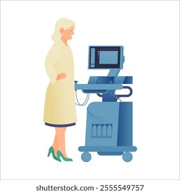 Ultrasonography Scanner. Standing Female Doctor near Scanner. Medical Equipment. Modern Flat Vector Concept Illustration.