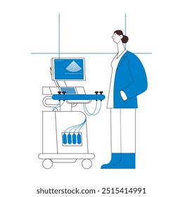 Ultrasonography Scanner. Standing Female Medical Specialist near Scanner in Medical Office or Laboratory. Medical Equipment. Black and White Modern Flat Vector Concept Illustration.