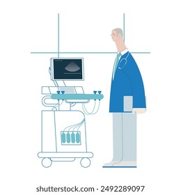 Ultrasonography Scanner. Standing Male Medical Specialist near Scanner in Medical Office or Laboratory. Medical Equipment. Modern Flat Vector Concept Illustration.