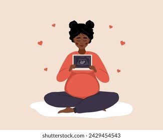 Ecografía del bebé. Mujer embarazada africana en posición de loto sosteniendo la foto de la silueta del feto. Embrión en el útero. Diagnóstico de salud del bebé. Concepto de sonografía. Ilustración vectorial en estilo plano de dibujos animados.