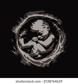 Ultrasound baby scan silhouette on dark background, vector fetal imaging in black and white, heartwarming fetal development illustration for parenthood, pregnancy awareness, family health printables