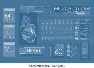 Ultrasound and cardiogram. Futuristic Medical Interface, virtual graphic touch UI with illustration of Heart Scan  and Electrocardiogram.