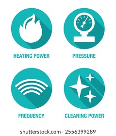 Ultrasound Cleaner icons set for labeling. Main parameters - Frequency, Pressure, Cleaning power, Heating power. Flat design with long shadows