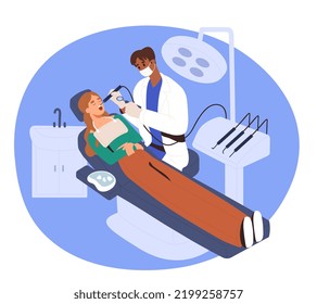 Limpieza por ultrasonido. Atención dental ultrasónica. Más escalador. Concepto de odontología. Paciente en la clínica dental. Ayuda. Dolor de muelas. Examen de los dientes. Servicio dental. Ilustración vectorial plana.