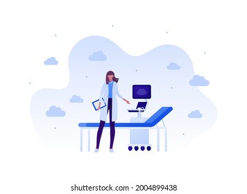 Ultrasound diagnostic concept. Vector flat people illustration. Female doctor standing with ultrasonic sonographer device and hospital bed. Design for health care, ultrasonography