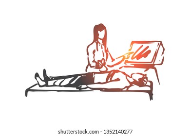 Ultrasound, diagnostic, doctor, patient, clinic concept. Hand drawn female doctor doing ultrasound diagnostics concept sketch. Isolated vector illustration.