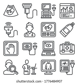 Ultrasound Diagnostic Icons Set on White Background. Line Style Vector