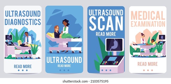 Juego de vectores planos de la caricatura de diagnóstico de ultrasonido. La doctora negra usa sonografía para controlar a la paciente embarazada. Examen médico por ultrasonido del abdomen y el estómago en pacientes varones.