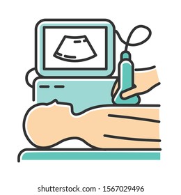 Ultrasound diagnostics color icon. Ultrasonography. Medical procedure. Healthcare services. Patient chest examination. Disease treatment. Professional clinical diagnosis. Isolated vector illustration