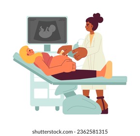 Ultrasound diagnostics flat concept vector spot illustration. Doctor examining pregnant woman 2D cartoon characters on white for web UI design. Parenting isolated editable creative hero image